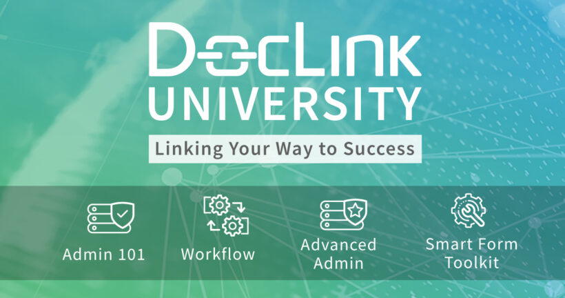 An image showing a flowchart with a recommended sequence of courses for DocLink University.